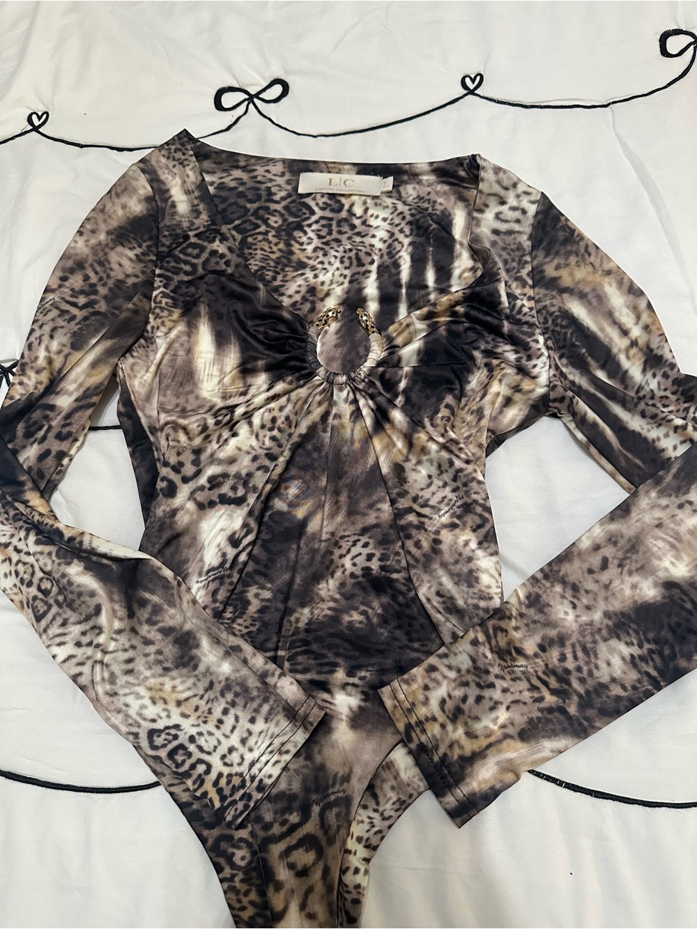 Women's Leopard Print Long-Sleeve Bodysuit in Brown